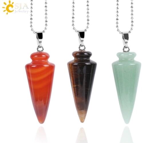 CSJA Reiki Natural Circular Cone Pendulum Necklace Pendants Gem Stone Pink Quartz White Crystal Tiger Eye Lapis Lazuli Opal E652