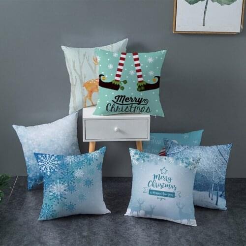 45*45cm Snow Christmas Blue Pillowcase 2021 Merry Christmas Decor for Home Ornaments Xmas Pendant Christma Gifts Happy New Year