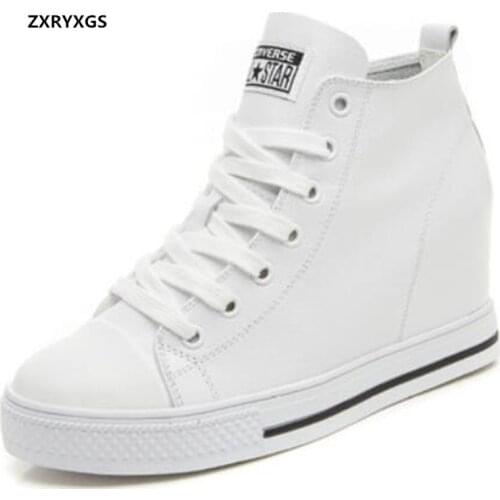 New Autumn Winter Lace-up High-top Genuine Leather Shoes Women Sneakers Shoes High Heels Increase Within Wedges Casual Shoes