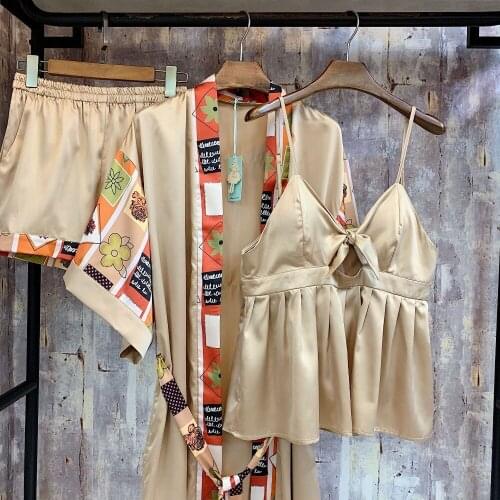 Spring Summer Pyjamas Women Sleepwear 3 Pieces Sets Sexy V-Neck Women Pajamas Long Pants Casual Print Home Wear