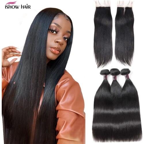 Ishow Straight Hair Bundles with Closure Transparent Lace Closure with Bundles Brazilian Human Hair Weave Bundles with Closure