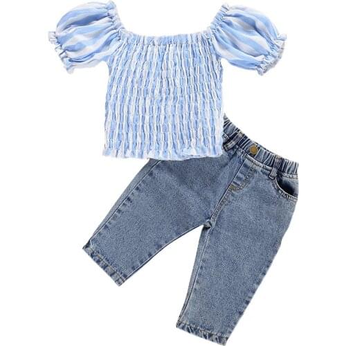 Pudcoco 2020 Toddler Baby Girl Fashion Summer Clothes Striped U-Neck Short Sleeve Top and Solid Color Jeans for Kids Girls 1-6T