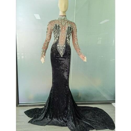 Luxury Rhinestone Velvet Mermaid Dress Women Sexy Evening Party Long Dress Birthday Celebration Trailing Dress Stage Costumes