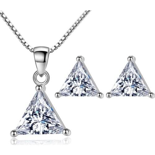 Triangle Shiny Zirconia Crystal Pendant Necklace Stud Earrings Fashion Jewelry Set Wedding Valentines Day Gift for Women