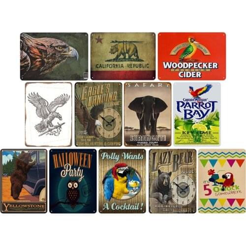 Vintage Metal Sign Eagle Elephant Parrot Owl Tin Painting Collection Poster Vintage Wall Plaque Painting Craft Farm House Decor