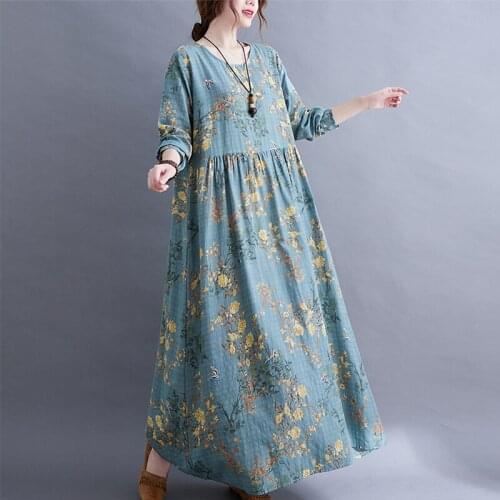 Long Sleeve O-Neck Floral Vintage Spring Autumn Blue Dresses For Women 2021 Casual Loose Elegant Office Lady Dress Femme Clothes