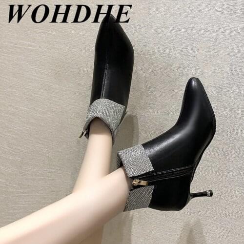 WOHDHE Women Ankle Boots Black Solid Boots Zipper Women Spike Toe High All Match Cool Concise Style New 2021 Chain Designer