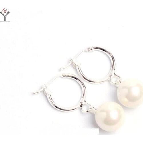Women Jewelry Earring 10mm Bright white natural sea shell Pearl ball Dangle round Earring