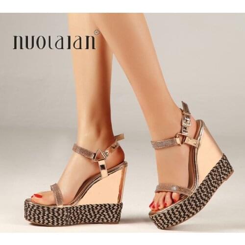 2019 Summer Women Platform Sandals Ankle Strap Wedge Espadrilles Women High Heels Sandals Casual Shoes Woman Gold Silver