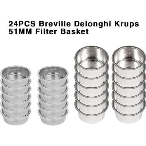 24PCS 51mm 2-Cup 4-Cup High Pressure Breville Delonghi Krups Coffee Machine Filter Basket Pod Stainless Steel Single Layer Cups