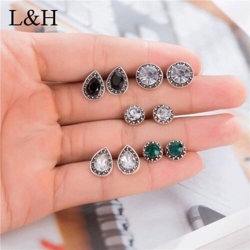 5 Pairs/Set Luxury Crystal Round Droplet Stud Earrings For Women Cute Green Black Droplet Brincos Female Wedding Jewelry