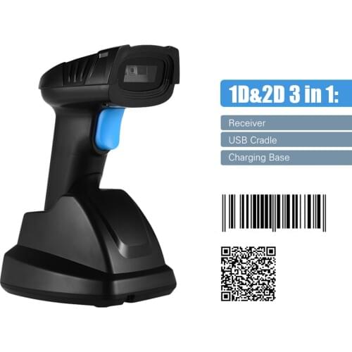 Aibecy 1D 2D QR Wireless Barcode Scanner Bar Code Reader with USB Cradle Receiver Charging Base 100m Long Transmission Distance