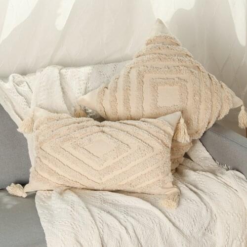 Throw Pillow Cushion Cover 45x 45cm/30x50cm Beige Tassel Pillowcase Handmade Square Living Room Home Decor Bedroom Zipper Open