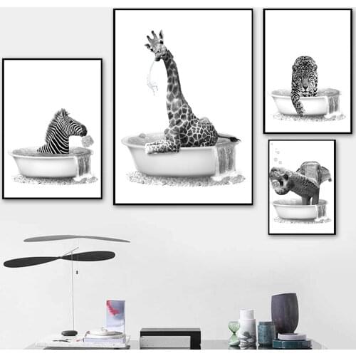 Black and White Bathroom Toilet Bathtub Decoration Painting Nordic Animal Bathtub Poster Tiger Elephant Zebra Giraffe Decoration