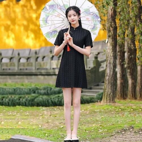 Black Oriental Dresses Lady Exquisite Vintage Button Trim Novelty Qipao Elegant Lace Chinese Dress Slim Short Improved Cheongsam
