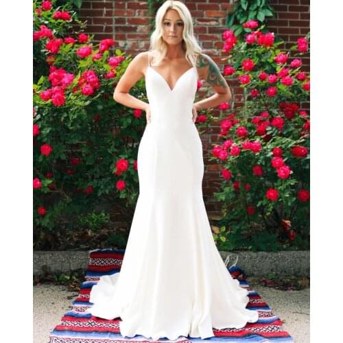 Long Spaghetti Straps Mermaid White Wedding Dresses Floor Length Bow Back Satin V-Neck Abendkleider Maxi Bridal Gowns for Women