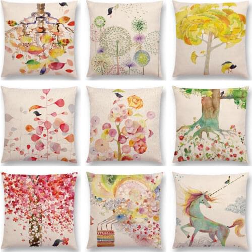 Hot Sale Fresh Style Watercolor Cartoon Bird Beautiful Tree Leaf Flowers Unicorn Fairy Tale Cushion Home Decor Sofa Throw Pillow