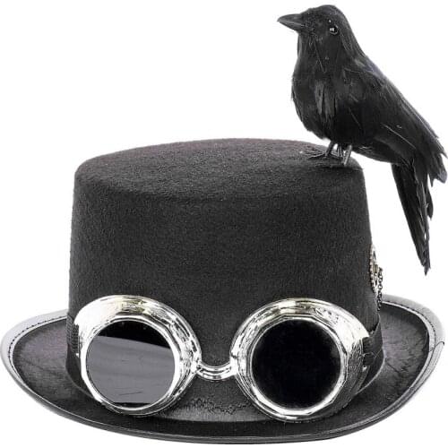 Halloween Party Assembly Retro Steampunk Hat With Goggles, Gears, Black Crow Bird Costume Party Hat Accessories