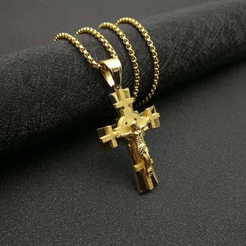 Christian Jesus Cross gold color Frosting Pendant Necklaces 316L Stainless Steel Men Jewelry Colar Gift