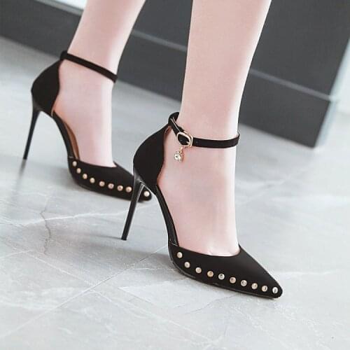 Red wedding shoes French dress high heels womens thin heels spring and summer 2019 new versatile suede rivet pointed single sho