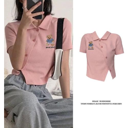 Cartoon Bear Embroidered Crop Top Women Sexy Hip Hop Polo Shirt Button Letter Print Harajuku Female T-shirt Top Tees Shirts