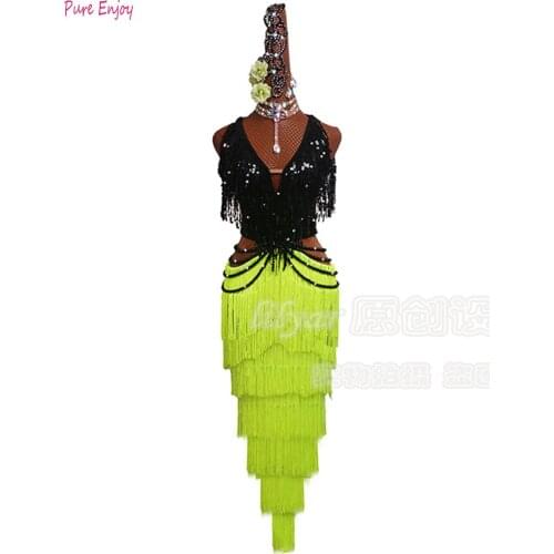 Latin Dance Dresses For Ladies Black light green Sequined tasselFeminine Clothes Fashion Women Professional Ballroom dress