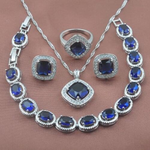 New Square Design Blue Zirconia Womens Silver Plated Jewelry Sets Crystal Bracelet Necklace Pendant Earrings Ring YZ0126