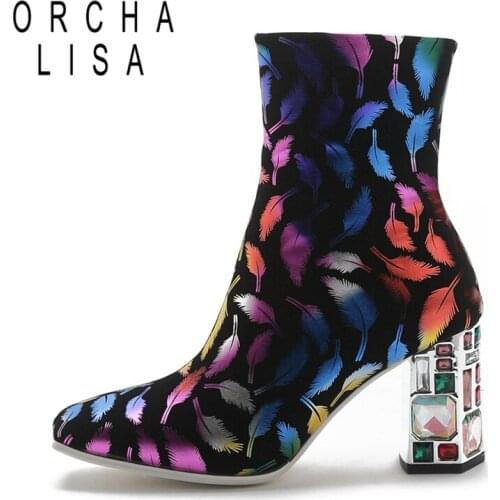 ORCHALISA Winter Mid-Calf boots Square toe Chunky Crystal heels Zipper Leaf Prints Bling Big size 34-48 Color Party Casual C2030