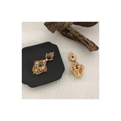 Brass Plated Real Gold Hollow Natural Obsidian Antique Earrings