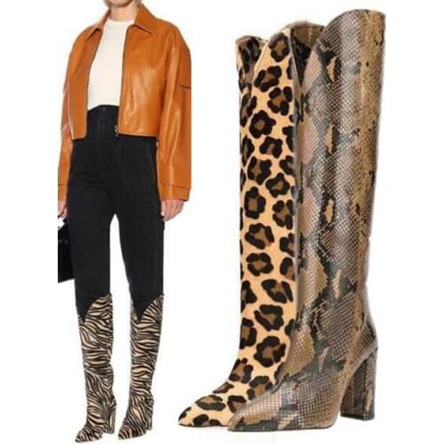 Drop Shipping Brand Woman Crocodile Print Python Zebra Leopard V-mouth Pointed Toe Rough Heels Knee High Long Fashion Boots Lady