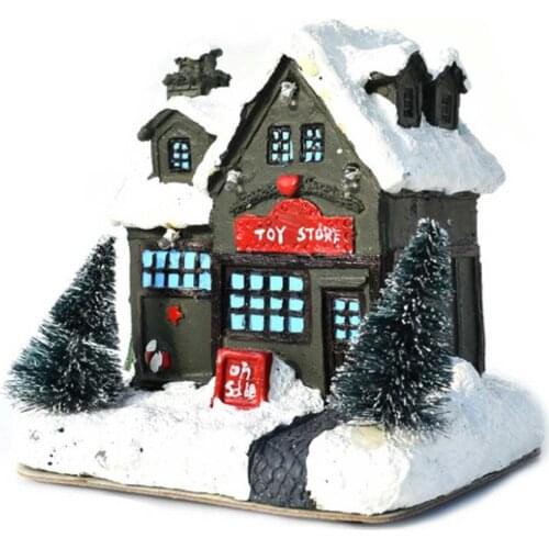 Christmas Decoration Snow Cabin Luminous Figurines Village Building Toy Store Miniature Resin Crafts Glowing Small House Statue