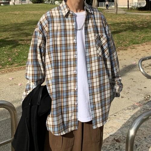 Mens Harajuku Plaid Vintage Shirts 2020 Man Japanese Streetwear Pockets Shirts Long Sleeve Male Casual Button Up Shirt