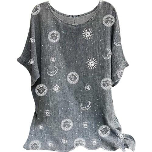 Summer ladies retro simple printing casual top cotton blend O-neck short-sleeved Short Sleeve floral beach vacation top T-shirt