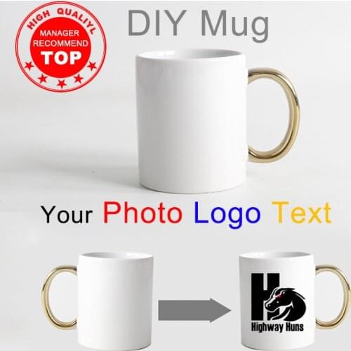 High quality Golden handle DIY mug White porcelain photos Coffee Cup Custom DIY Your Favorite Photo Logo Text Mugs