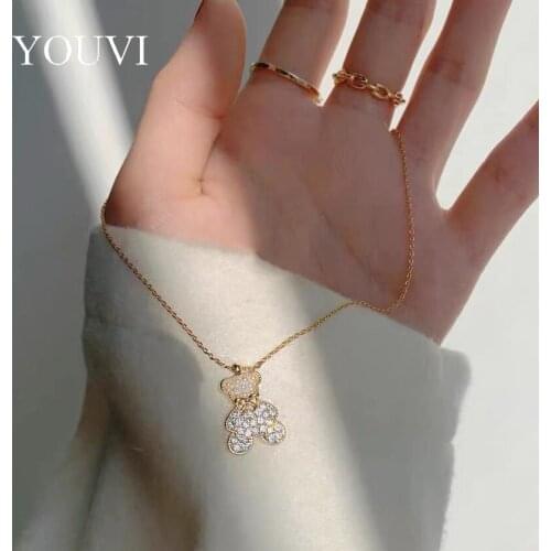 YOUVI Cute Crystal Bear Pedant Necklace for Women Fashion Simple Rhinestone Choker Necklace Shine Rhinestone Chain Jewelry