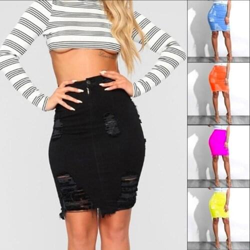 Women Fashion High Waist Bandage Ripped Hole Denim Skirts Office Ladies Knee Length Jeans Pencil Skirt