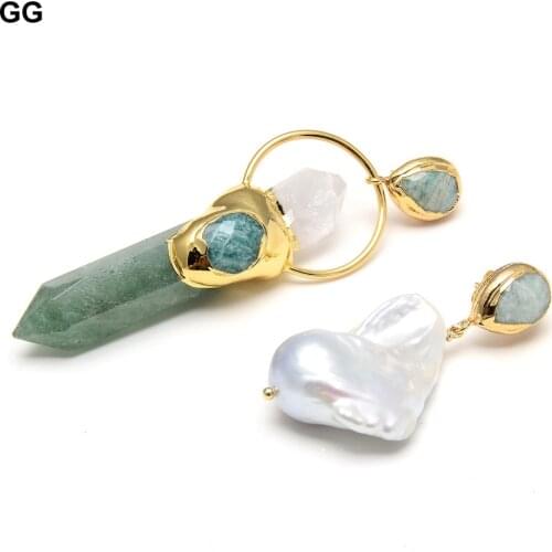 GuaiGuai Jewelry Natural Cultured White Keshi Pearl Green Muscovites Point White Quartzs Raw Amazonites Stud Dangle Earrings