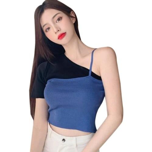 Womens Skew Collar Color Contrast Tee Slim Sexy Versatile Knitted Short Sleeves T-shirt Tops