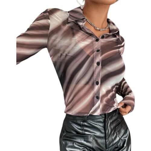 Women’s Button Down Shirts Fashion Sexy Long Sleeve Striped Print Sheer Mesh Lapel Tops Summer Clothes