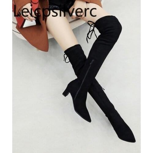 Womens Boots winter new style Flock Pointed zipper Lace-up Thick heel mid heel Womens Over the knee boots plus size 32-48