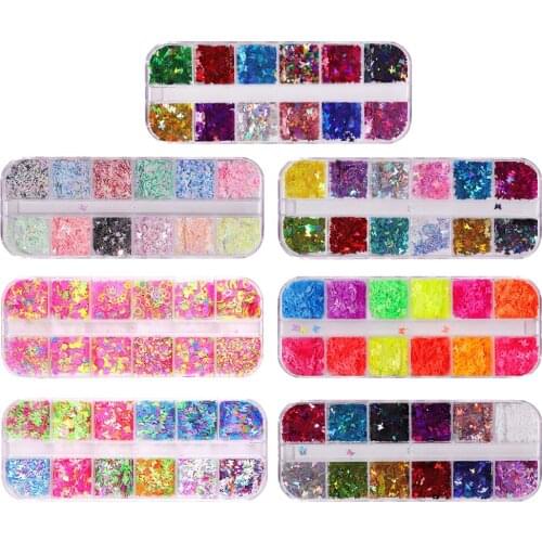 12 Nail Colors Glitter Sequins Butterfly Bows 3D Nail Art Decoration