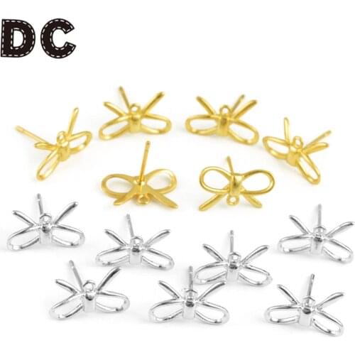 2Pcs/lot 8x14mm Copper Real Gold Plated Simple Bowknot With Hanging Stud Earrings Pins