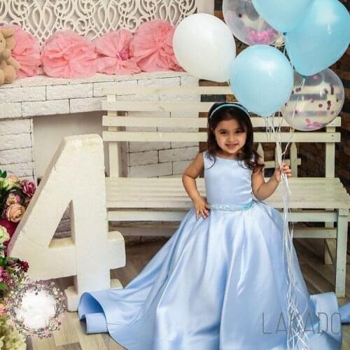 Blue Simple Backless Flower Girl Dresses Satin Little Girl Ball Gown for Wedding First Communion Pageant Gowns