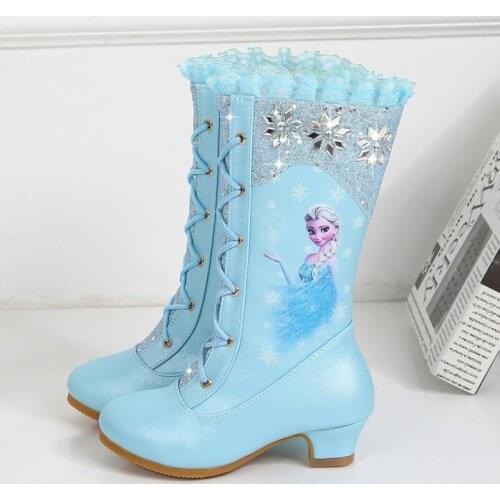 Disney New Princess Elsa Boots Girls Pink Glitter Girls Shoes High Heels Autumn Winter Girls High Boots Velvet For Party Shoes