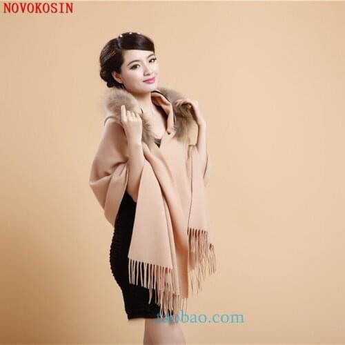 5 Color 2020 Long Winter Wool Cashmere Pashmina Fashion Solid Color Big Real Fox Fur Neck Shawl Thicken Warm Tassel Scarf