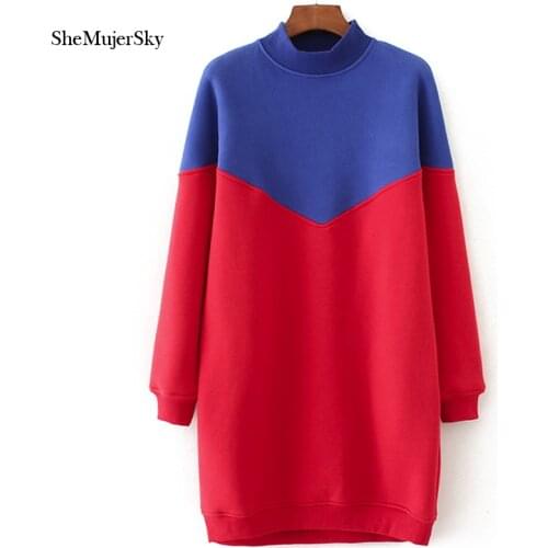 SheMujerSky Long Hoodie Dress O Neck Blue Spliced Red Sweatshirt Hoodies Women Warm mulheres moletom