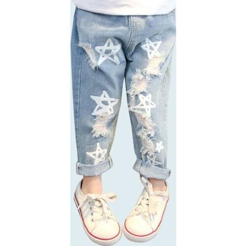 Baby Girls Jeans Star Print Jeans Pants For Girls Elastic Waist Kids Jeans With Hole Autumn Novelty Clothes For Infant Girls