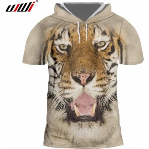 UJWI Mens Ferocious Tiger Pattern New Hooded Tshirt 3D Printed Yellow Animal Couple Wear Sports Oversized Man T Shirt 6XL