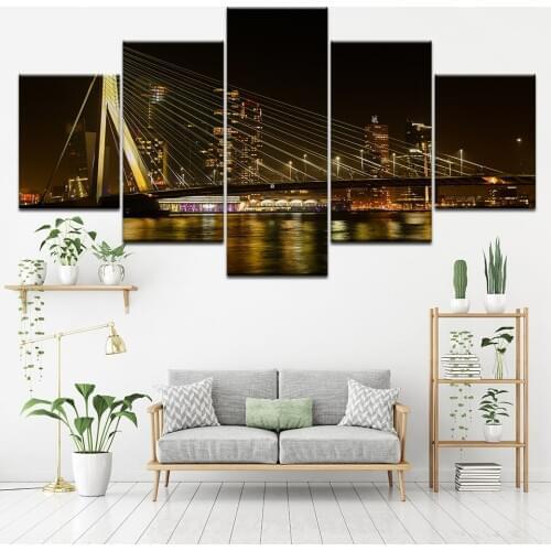 Canvas Painting City night view and bridge 5 Pieces Wall Art Painting Modular Wallpapers Poster Print for living room Home Decor