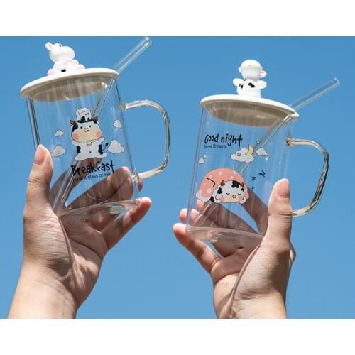 Creative Cartoon Cow Cup Glass Mugs with Cover Cup with Straw and Lovely Students Coffee Mug with Lid Mugs Coffee Cups